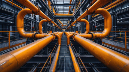 Gray and orange shiny metallic steel factory room gas or water round tube valve pipes industrial technology installation photography. Pipeline indoors equipment system structure.