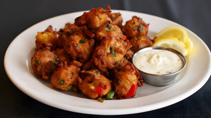 Golden Brown Conch Fritters Served with Zesty Citrus Aioli and Lemon Wedges on a White Platter