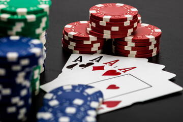 Casino chips and cards on the table. Gambling concept