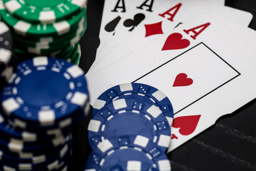 Casino chips and cards on the table. Gambling concept