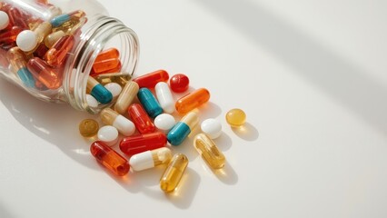 Assorted colorful capsules and tablets spilled from glass jar on white
