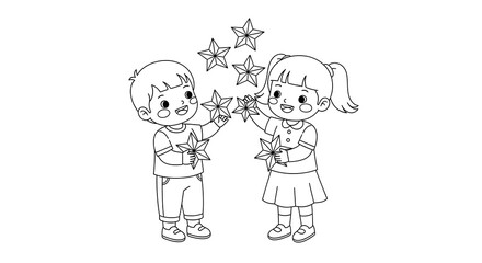 Happy cartoon children holding star shapes isolated on transparent background