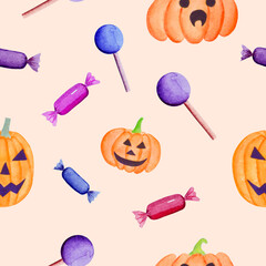 Watercolor illustration for Halloween. Seamless pattern with pumpkin with face, various candies on beige background.