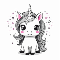 Cute Unicorn Cartoon Little Pony Kawaii Animal Vector Image Isolated on white Background.