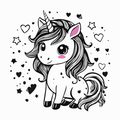 Cute Unicorn Cartoon Little Pony Kawaii Animal Vector Image Isolated on white Background.