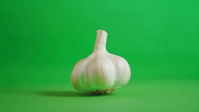Single garlic bulb on green background