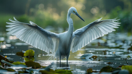 Great white and black heron or stork bird standing in river lake pond swamp water. Fauna nature wildlife animal with beak and spread wings, large avian outdoor.