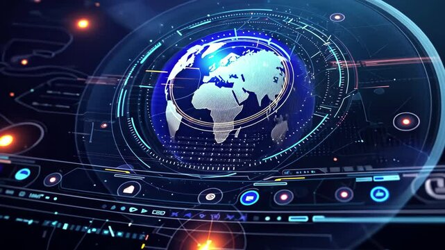 Global network interface with a digital Earth rotating in cyberspace over a technical hud interface with multiple connections to other regions and digital data points - Powered by Adobe