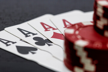 Casino chips and cards on the table. Gambling concept