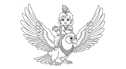Obraz premium Cute cartoon krishna riding on garuda bird playing flute isolated on transparent background