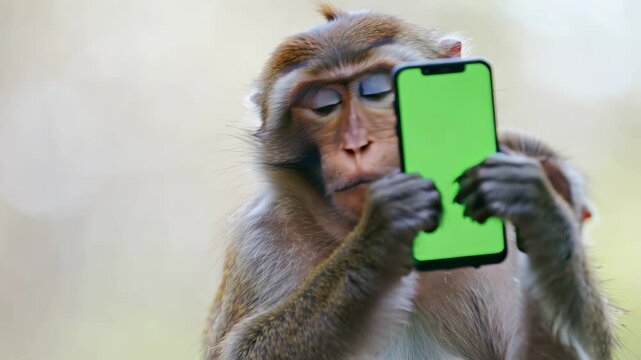 Curious monkey holding a smartphone with blank copy space green screen outdoors, close-up, blank display for app design, funny animal technology concept