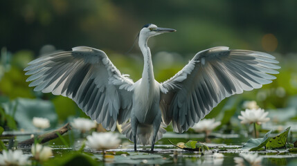 Great white and black heron or stork bird standing in river lake pond swamp water. Fauna nature wildlife animal with beak and spread wings, large avian outdoor.