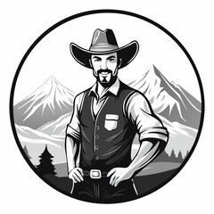 Confident Cowboy Striking a Bold Pose in Front of Majestic Mountain Vector Illustration