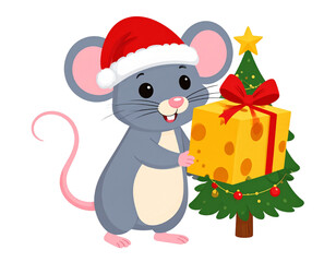 Cute mouse with Christmas cheese gift, transparent background 