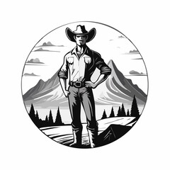 Confident Cowboy Striking a Bold Pose in Front of Majestic Mountain Vector Illustration