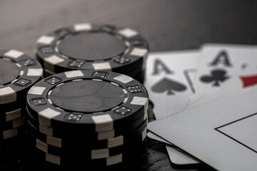 Casino chips and cards on the table. Gambling concept