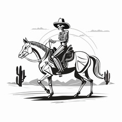 Cowboy Skull Riding a Skeletal Horse Across the Desert in a Western Vector Scene