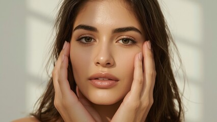 Close-up young woman with brown hair touching face natural light beaut