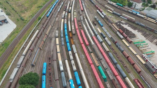 Aerial shot of train depot in Trnava, Slovakia from drone