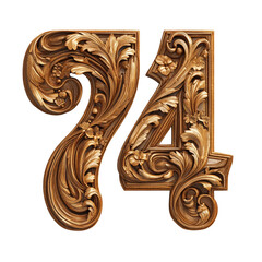 Golden Number Seventy Four with Detailed Floral Scrollwork on Transparent Background