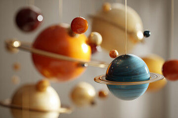 Colorful solar system model hanging in a classroom with planets and rings, showcasing creativity and educational display