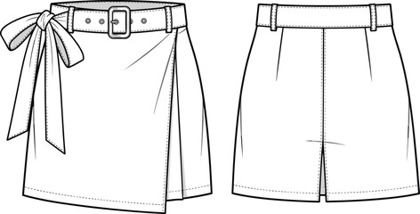 CAD vector illustration of short wrap skirt with belt and bow tie, front and back view, flat fashion design sketch