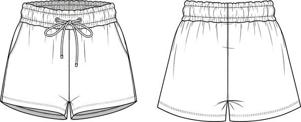 Elastic waistband drawstring shorts technical fashion sketch, front and back cad flat vector illustration, comfortable loungewear activewear clothing design