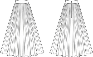 Elegant pleated long skirt technical sketch, fashion flat design, back and front view, detailed cad drawing flat vector illustration template