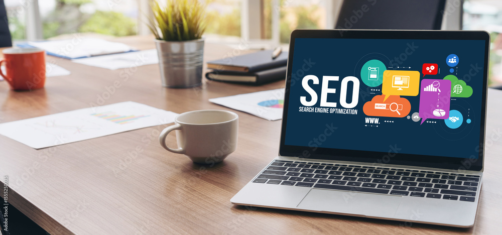Aufkleber seo search engine optimization for modish e-commerce and online retail business showing on computer 