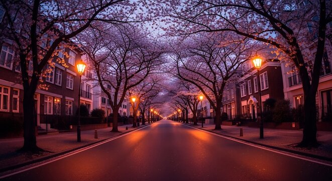 A vibrant urban street at night, illuminated by city lights, showcases historic architecture and the serene beauty of a winter evening