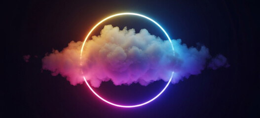 A vibrant glowing cloud in the center of a neon ring on a futuristic dark background with surreal digital art elements.