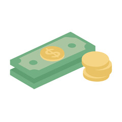 Stacks of us dollar bills and gold coins vector art design 