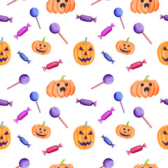 Watercolor illustration for Halloween. Seamless pattern with pumpkin with face, various candies on a white background.