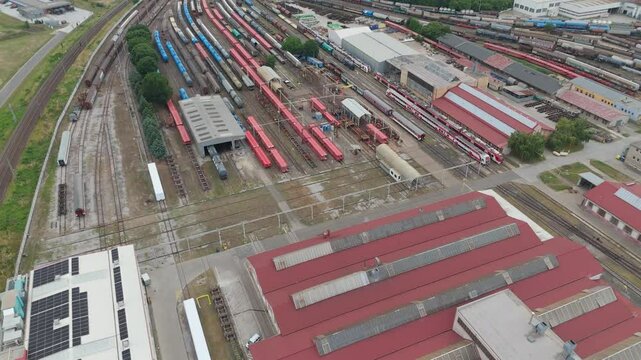 Aerial shot of train depot in Trnava, Slovakia from drone