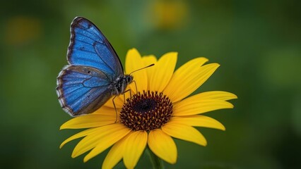 Obraz premium Blue butterfly on yellow sunflower blooming in summer garden nature cl