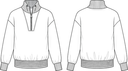 Men’s quarter zip pullover sweatshirt front and back view, flat sketch template, cad drawing flat vector illustration, fashion technical design © Biplob Creatives
