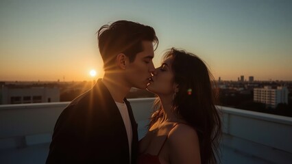 Couple romantic sunset rooftop kiss love affection evening cityscape