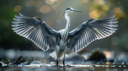 Great white and black heron or stork bird standing in river lake pond swamp water. Fauna nature wildlife animal with beak and spread wings, large avian outdoor.