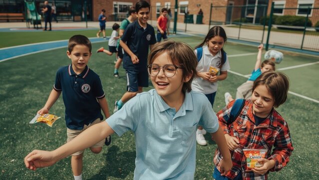 Happy diverse children running outdoors playground school recess activ