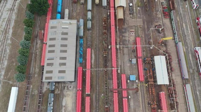 Aerial shot of train depot in Trnava, Slovakia from drone