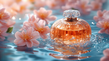  Perfume, botanical flowers, top, premium, natural background with water surface, minimalistic color scheme.