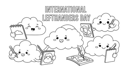 Cute cartoon clouds celebrating international left handers day by drawing and writing isolated on transparent background