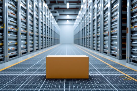 Delivery Perspective: A solitary cardboard box stands centrally in a data center aisle, lined with server racks, reflecting on logistical and technological convergence. - Powered by Adobe