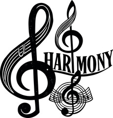 Abstract musical harmony design merging notes and treble clef