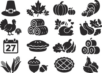 A vibrant thanksgiving vector icon set illustrating fresh fruits and vegetables like apples, strawberries, and tomatoes