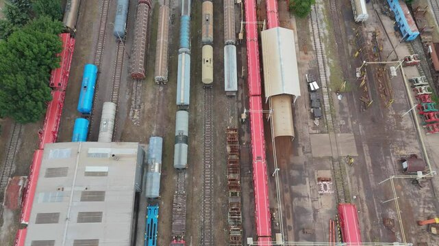 Aerial shot of train depot in Trnava, Slovakia from drone