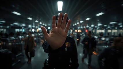 Police officer hand stop gesture in crowded airport security checkpoin