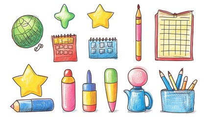 Hand drawn school supplies and office objects illustration set colored pencils and marker effect