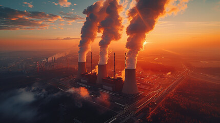 High-angle static shot: The camera captures a sprawling panorama of a coal-fired power plant․ An overcast sky, starkly illustrating the industrial magnitude.