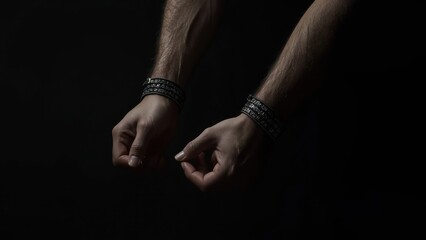 Closeup of clenched male fists with leather bracelets on dark backgrou